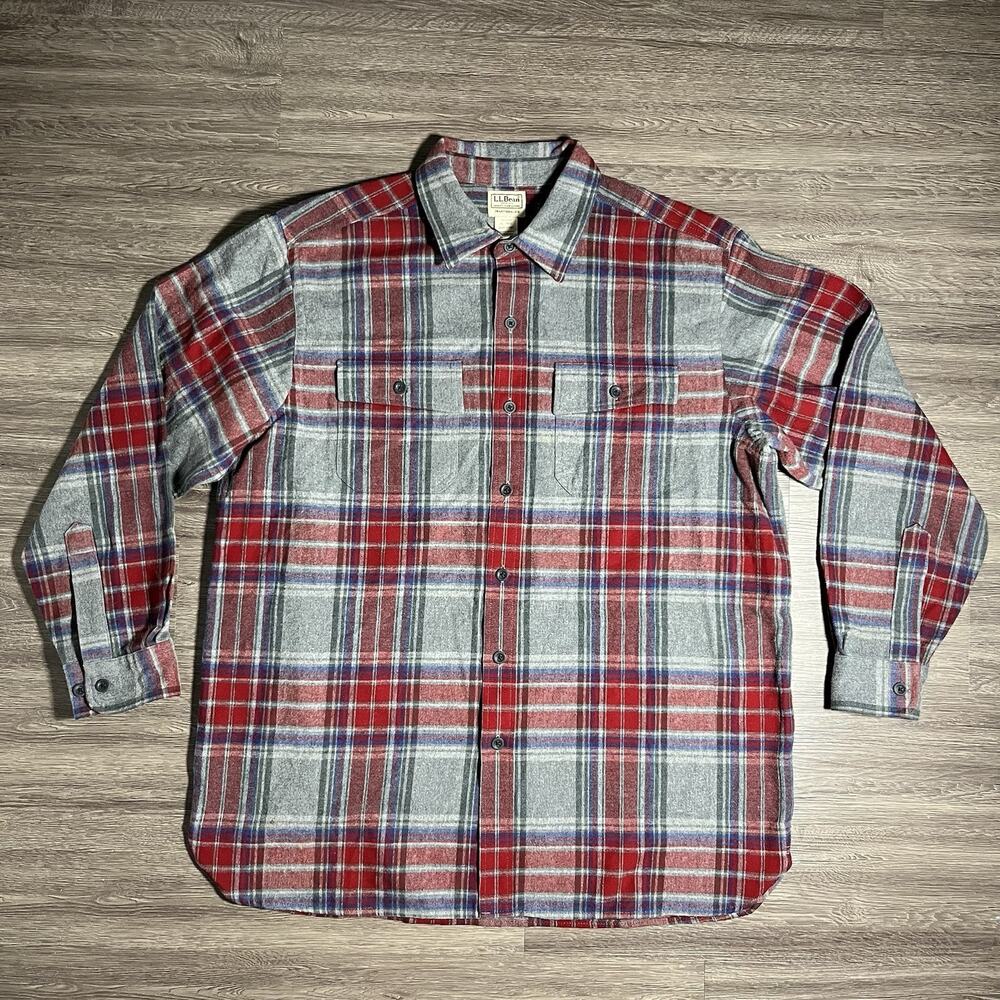 L.L.Bean Chamois Heavyweight Flannel Men's XL Grey Red Blue Plaid 277981 EUCdf